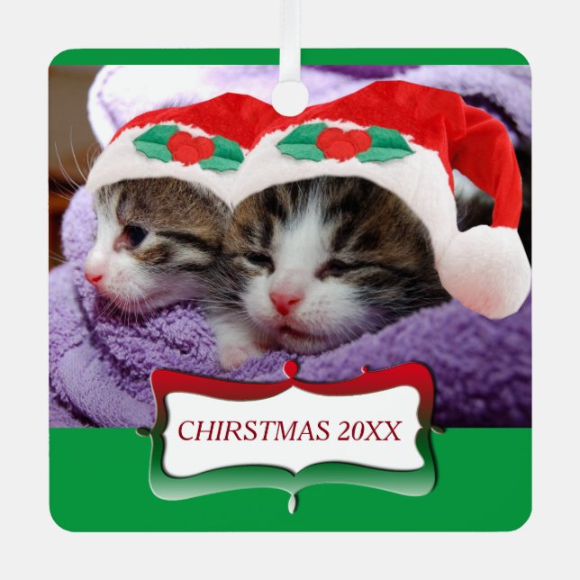 Kittens in Santa Hats Christmas 20XX Metal Ornament (Front)