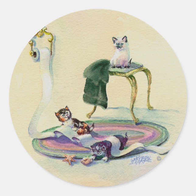 KITTENS in the BATHROOM by SHARON SHARPE Classic Round Sticker (Front)