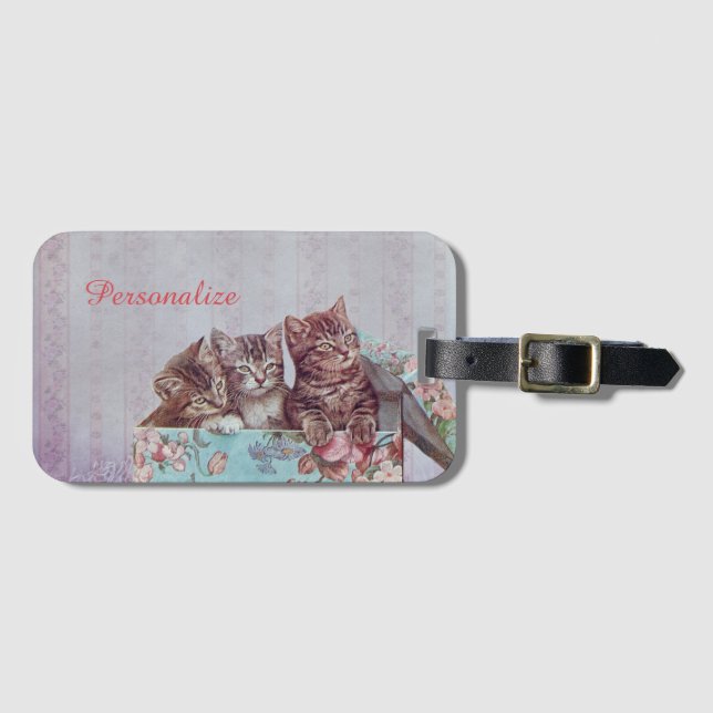 Kittens in Vintage Box Personalize Luggage Travel Tag (Front Horizontal)