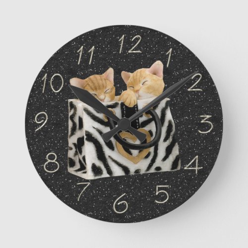 Kittens in Zebra Handbag Black Glitter Clock