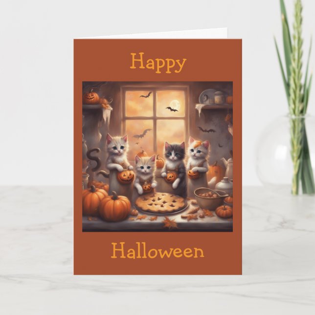 Kittens Jac-o-lanterns Bats and Cookies whimsical  Card (Front)