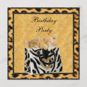 Kittens & Leopard Print Fur Gold Birthday Party Invitation