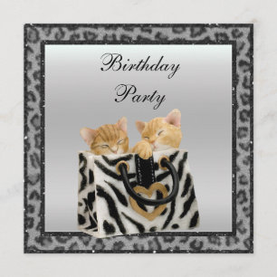 Kittens & Leopard Print Fur Silver Birthday Party Invitation