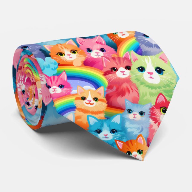 Kittens on Rainbows Sweet Funny Cat Dad Neck Tie (Rolled)