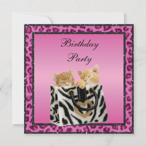 Kittens &amp; Pink Leopard Print Fur Birthday Party Announcements