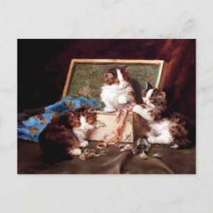 Kittens playing with a sewing box painting postcard