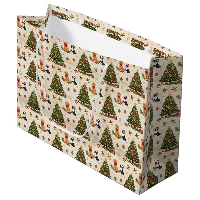 Kittens, Puppies, and Christmas Trees Pattern Large Gift Bag (Front Angled)
