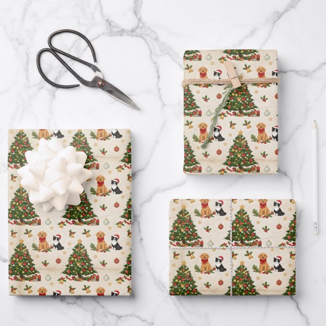 Kittens, Puppies, and Christmas Trees Pattern Wrapping Paper Sheets (Front)