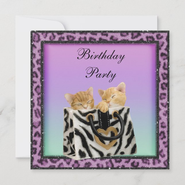 Kittens & Purple Leopard Print Fur Birthday Party Invitation (Front)