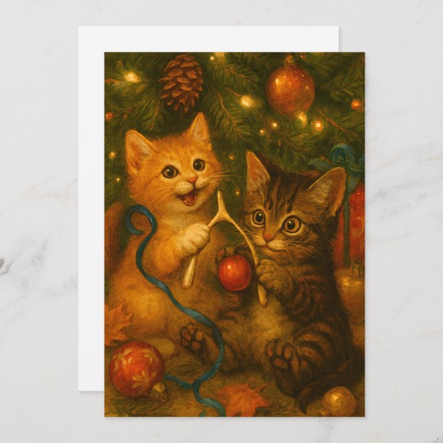 Kittens & Turkey Wishbone Under Christmas Tree Holiday Card (Front/Back)