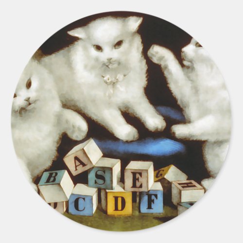 kittens with letter blocks classic round sticker