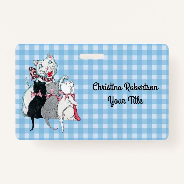 Kittens With Smiling Mother Cat Blue White Plaid Badge (Front)