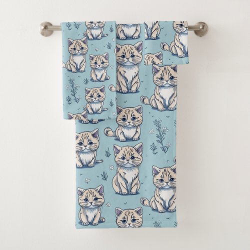 Kitties Kittens Cats in Seamless Pattern  Bath Towel Set