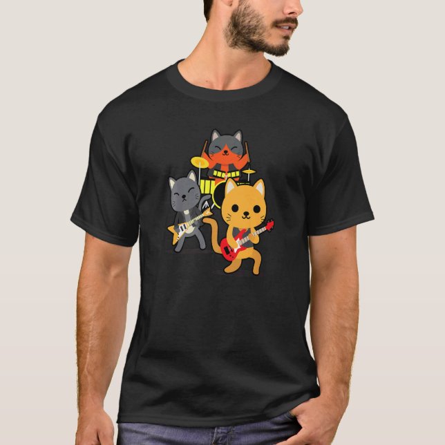 Kitties On Bass Guitar And Drum Music Cat Owner T-Shirt (Front)