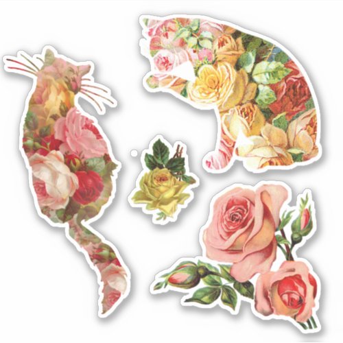 Kitties Vintage Pink Yellow Roses Sticker