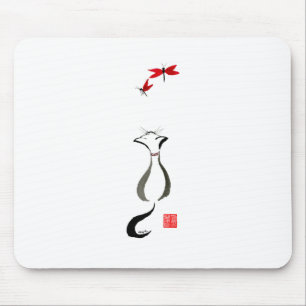 Kittlins Cat and Red Dragonfly Watercolor Sumi-e Mouse Pad