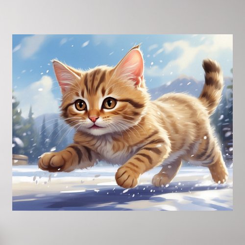  Kitty 54  Kitten Cat Running SNOW AP68  Poster