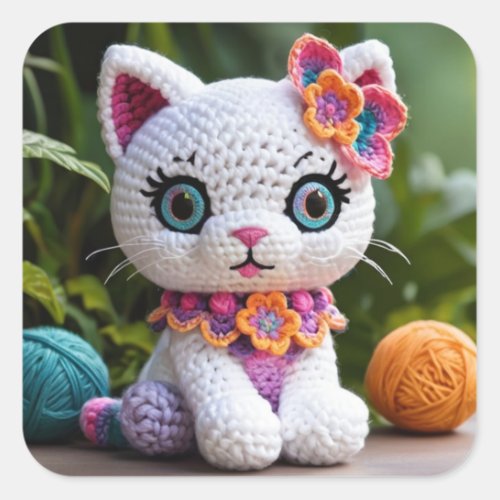 Kitty Amigurumi Crochet Doll Amazing Pastel Colors Square Sticker