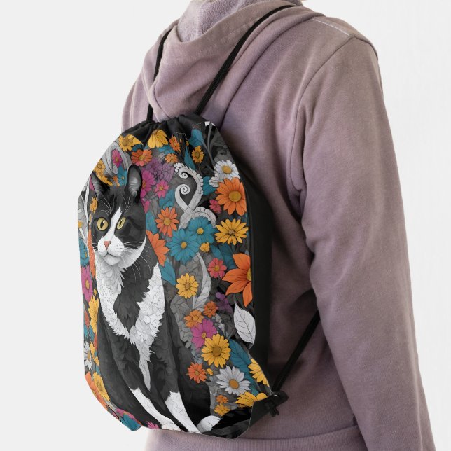Kitty among the flowers drawstring bag (Insitu)