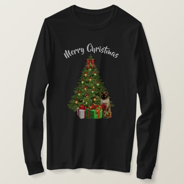 Kitty and  Christmas Tree T-Shirt (Design Front)
