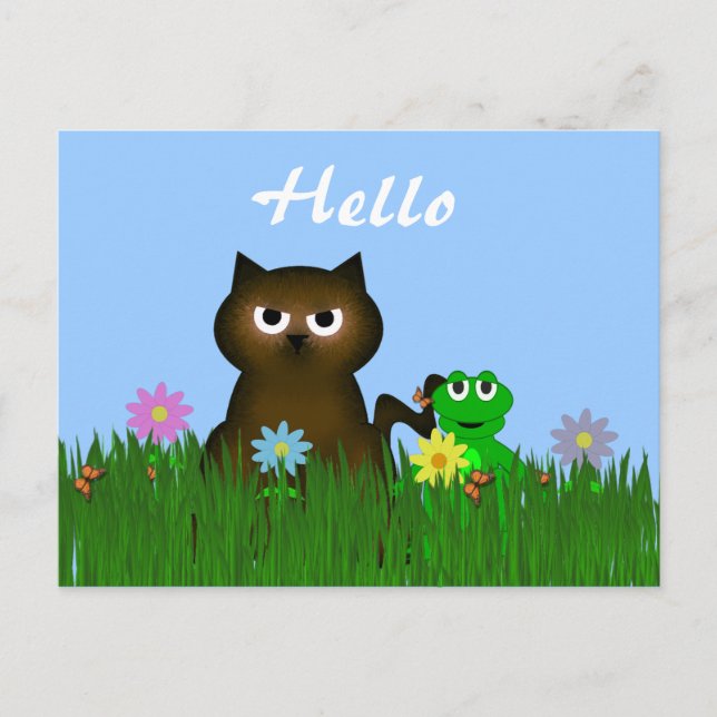 Kitty and Frog Hello Postcard (Front)