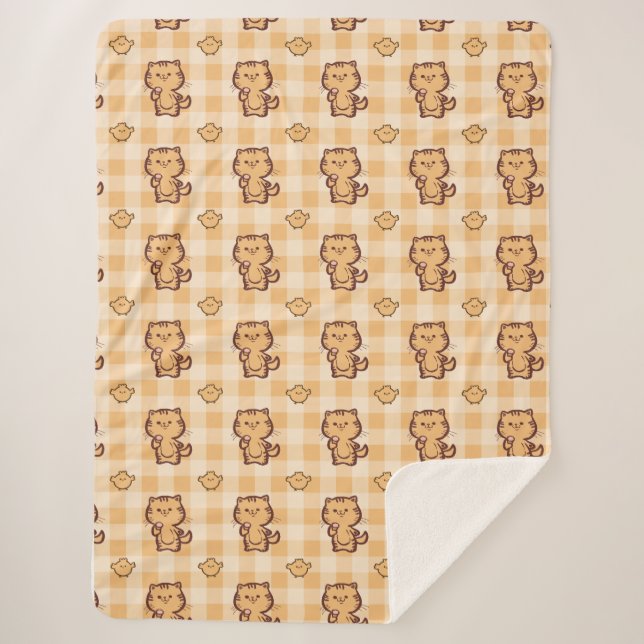 Kitty and little chicken pattern sherpa blanket (Front)