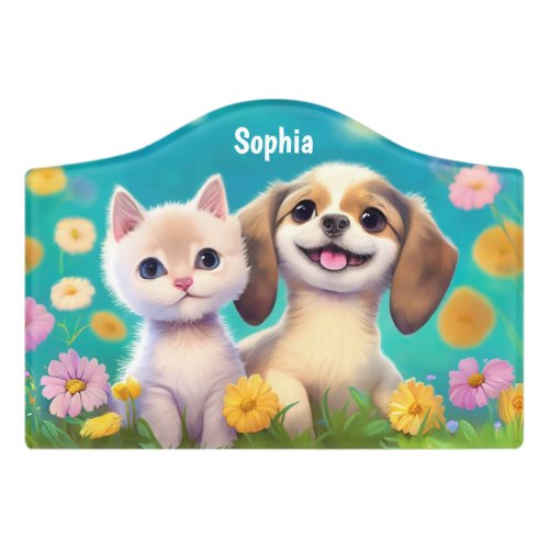Kitty and Puppy Cute Personalized Name Door Sign