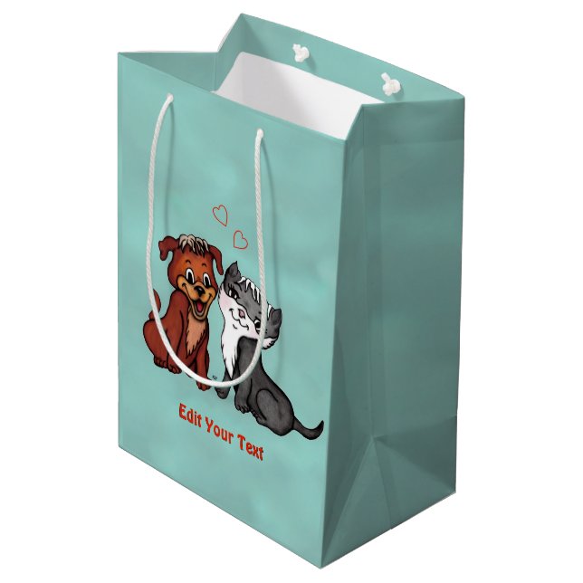 Kitty and Puppy , Edit Your Text Medium Gift Bag (Back Angled)