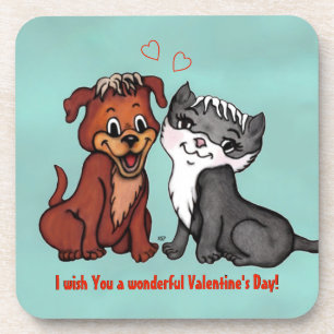 Kitty and Puppy , Happy Valentines Day! Beverage Coaster