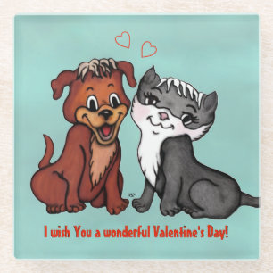 Kitty and Puppy , Happy Valentines Day! Glass Coaster