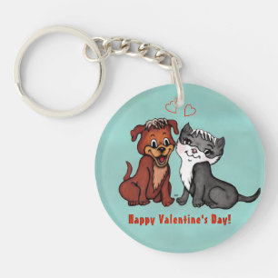 Kitty and Puppy , Happy Valentines Day! Keychain