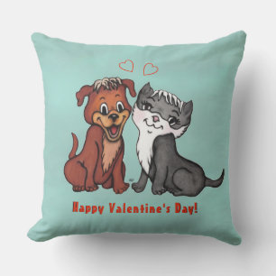 Kitty and Puppy , Happy Valentines Day! Outdoor Pillow