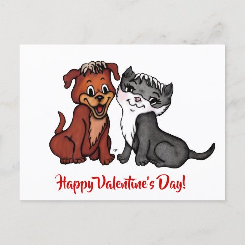 Kitty and Puppy  Happy Valentines Day Postcard
