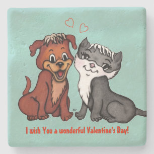 Kitty and Puppy , Happy Valentines Day! Stone Coaster