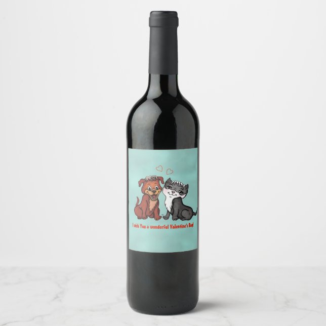 Kitty and Puppy , Happy Valentines Day! Wine Label (Front)