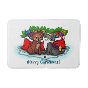Kitty and Puppy , Happy XMas Bath Mat