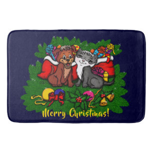 Kitty and Puppy , Happy XMas Bath Mat