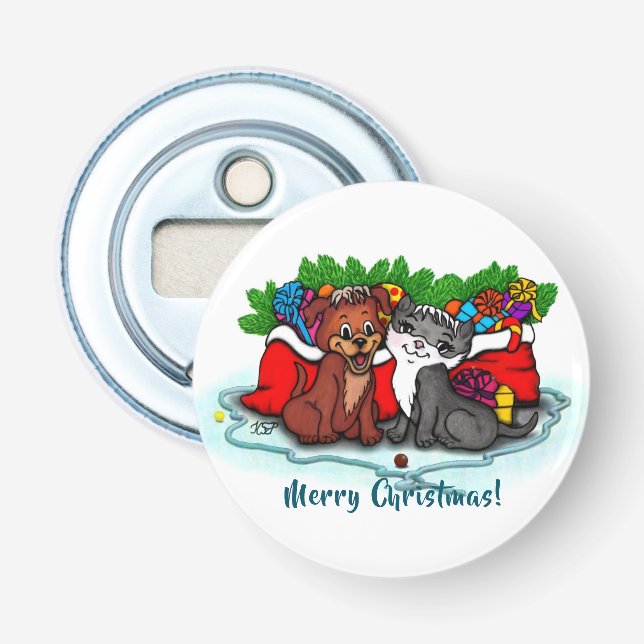 Kitty and Puppy , Happy XMas Bottle Opener (Front)
