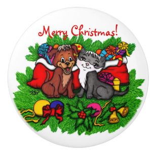 Kitty and Puppy , Happy XMas Ceramic Knob