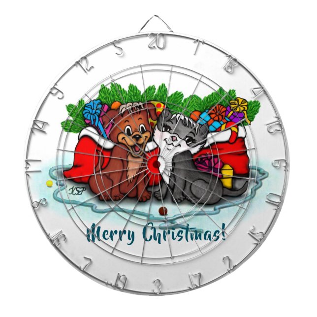 Kitty and Puppy , Happy XMas Dart Board (Front)