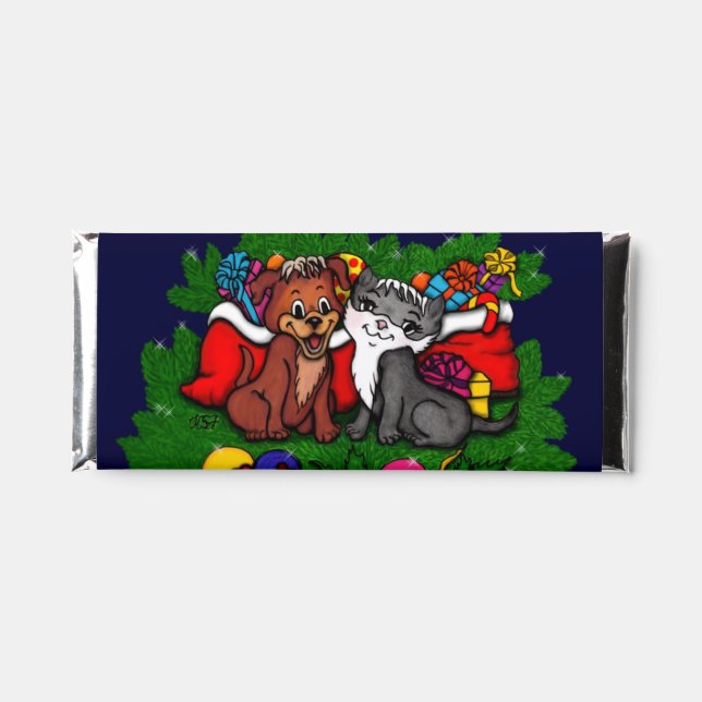 Kitty and Puppy , Happy XMas Hershey Bar Favors (Front)