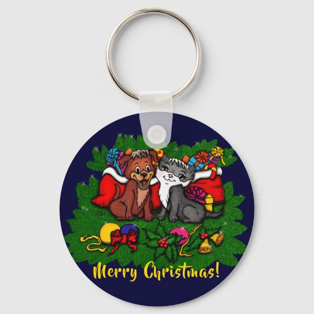 Kitty and Puppy , Happy XMas Keychain (Front)