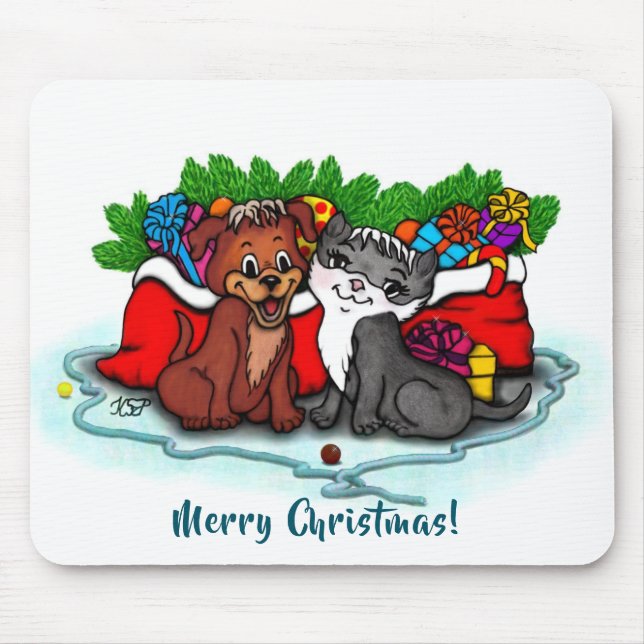 Kitty and Puppy , Happy XMas Mouse Pad (Front)