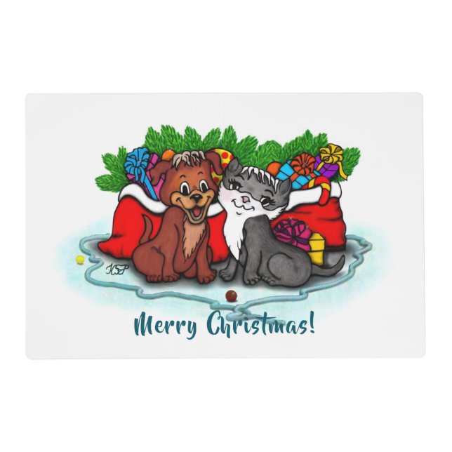 Kitty and Puppy , Happy XMas Placemat (Front)