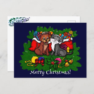 Kitty and Puppy , Happy XMas Postcard