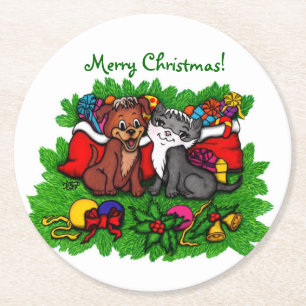 Kitty and Puppy , Happy XMas Round Paper Coaster