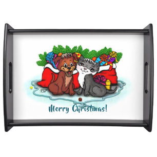 Kitty and Puppy , Happy XMas Serving Tray