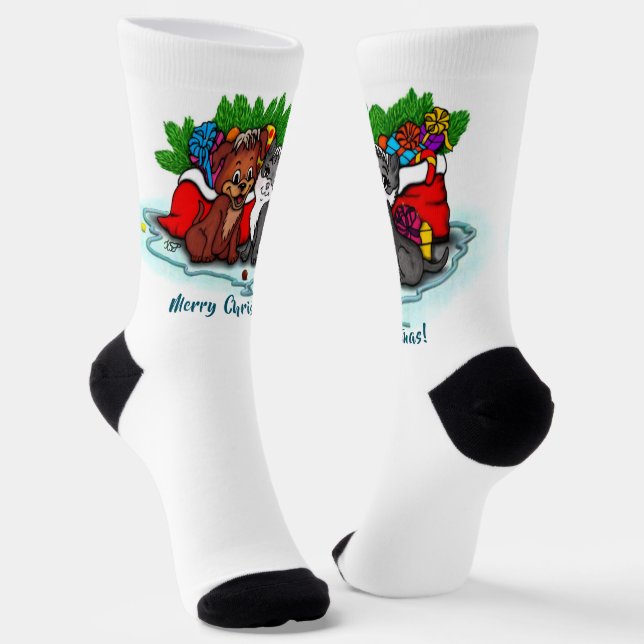 Kitty and Puppy , Happy XMas Socks (Angled)