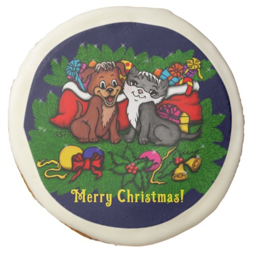 Kitty and Puppy  Happy XMas Sugar Cookie