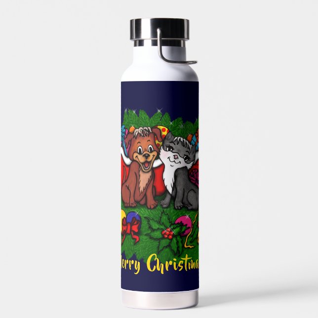 Kitty and Puppy , Happy XMas Water Bottle (Left)